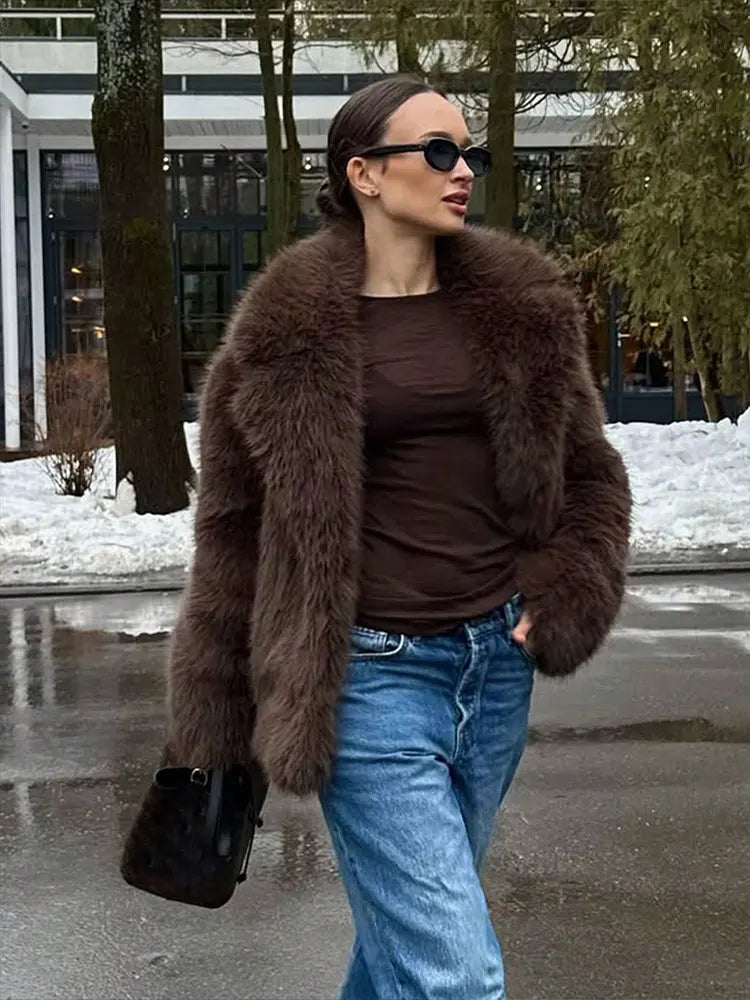 HH Women Fashion Lapel Faux Fur Jackets Elegant Solid Long Sleeves Oversized Coats 2025 Female Winter Fuzzy Warm Outerwear