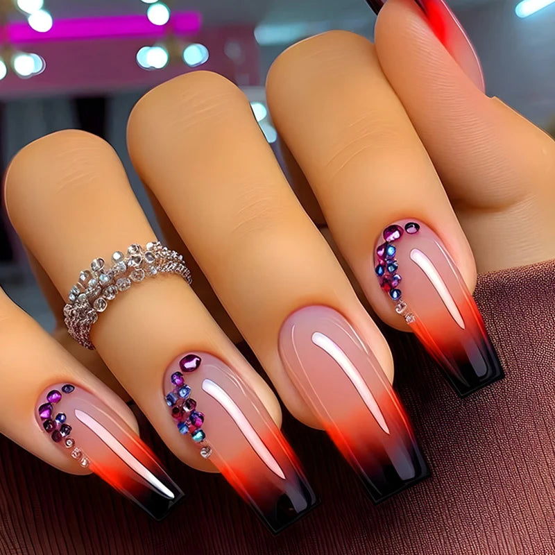 24pcs/set medium long fake nails for women starry star moon planet gradient glitter design almond ballet tip press on false nail 1929