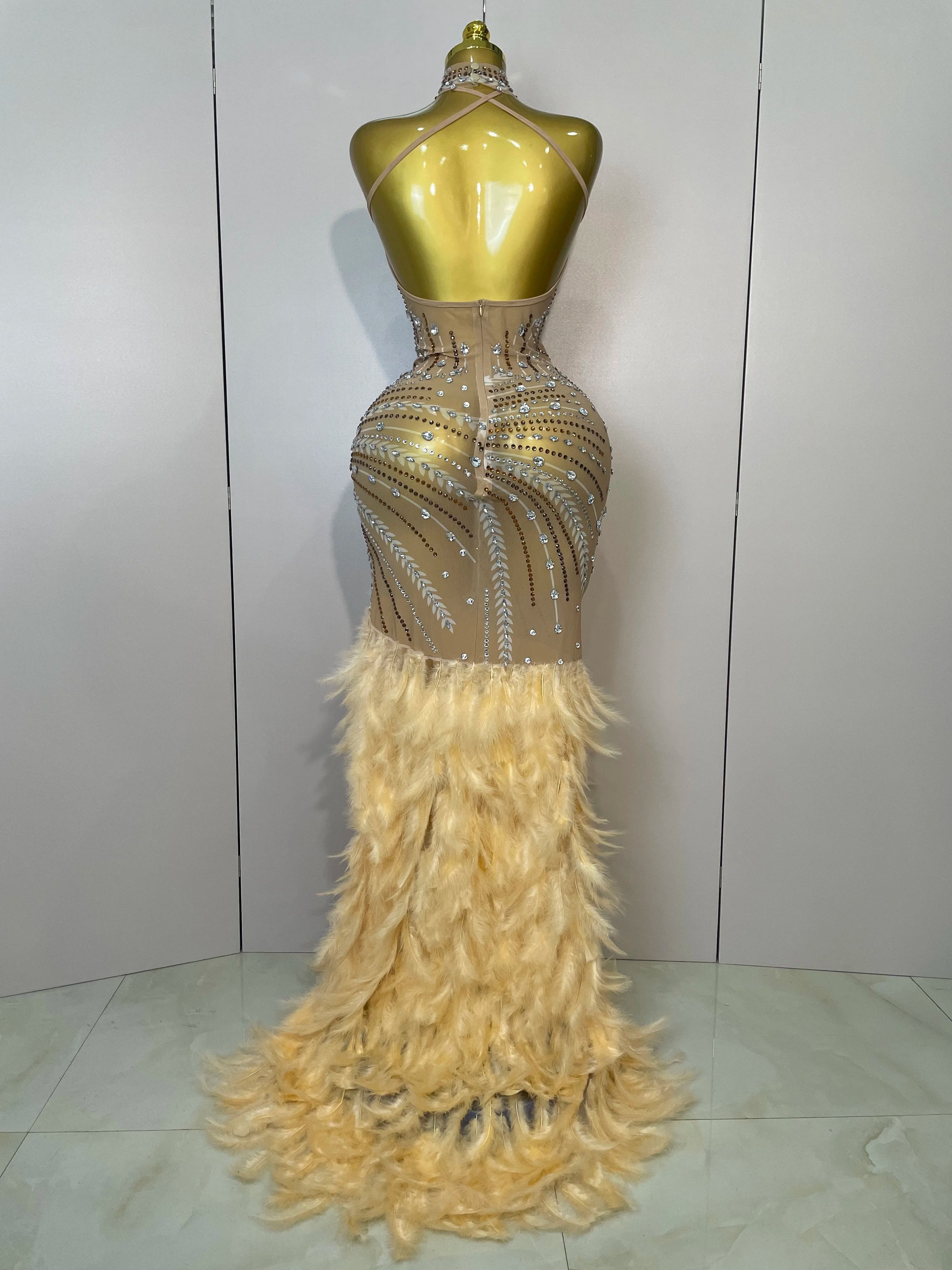 Sparkly Sexy Crystal Floor-Length Feathers Maxi Dress 2025 Elegant Evening Party Birthday Performance Prom Dance Stage Costume