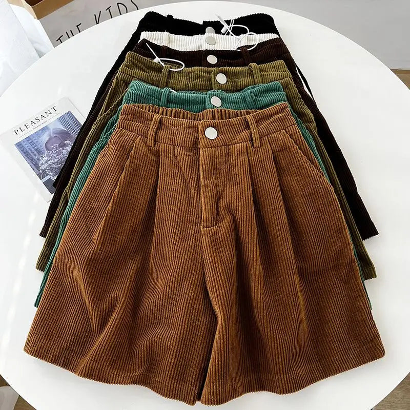 2023 Autumn/Winter Oversized Fat mm Corduroy Shorts Women's High Waist Outwear Slim A-line Casual Wide Leg Trousers