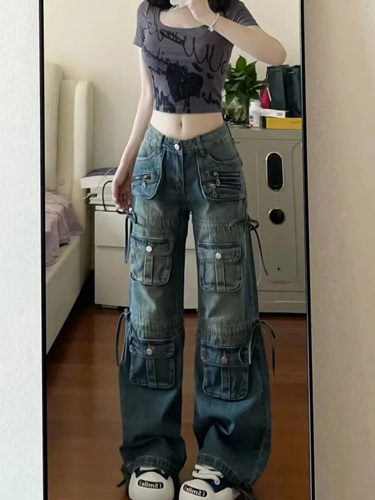 Femmes BF Style Y2k Streetwear Harajuku Baggy multi-poches bleu Denim Cargo pantalon taille basse jambe large jean esthétique Kpop des années 2000