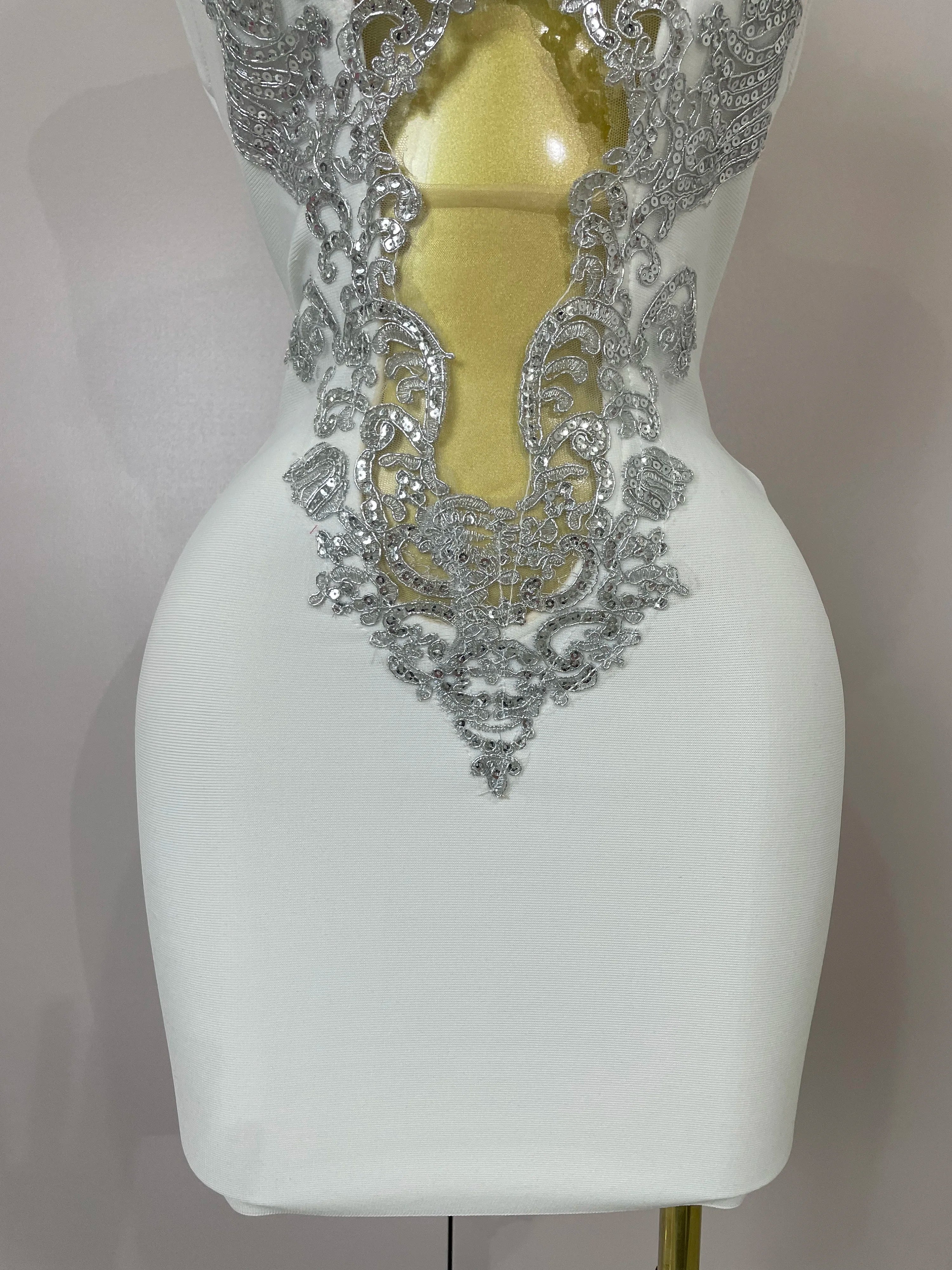 Sexy Silver Sequin White V Neck Cut Out Short Bandage Dress Women 2025 New Elegant Luxury Birthday Party Club Wedding Vestidos