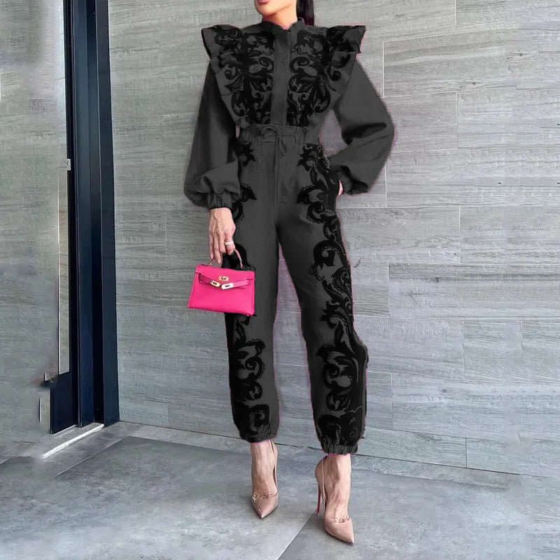 Women Two Piece Set 2024 Autumn Fashion Office Printed Long Lantern Sleeve Zipper Top Drawstring Lace Up Pants Sets Black