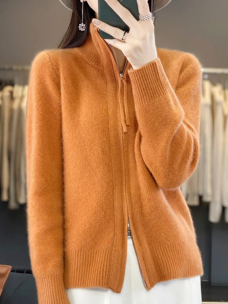 Women's Wool Knitting Sweater Clothing Autumn/Winter Casual Loose Top Fashion Korean Cashmere Large Zipper Jacket Orange