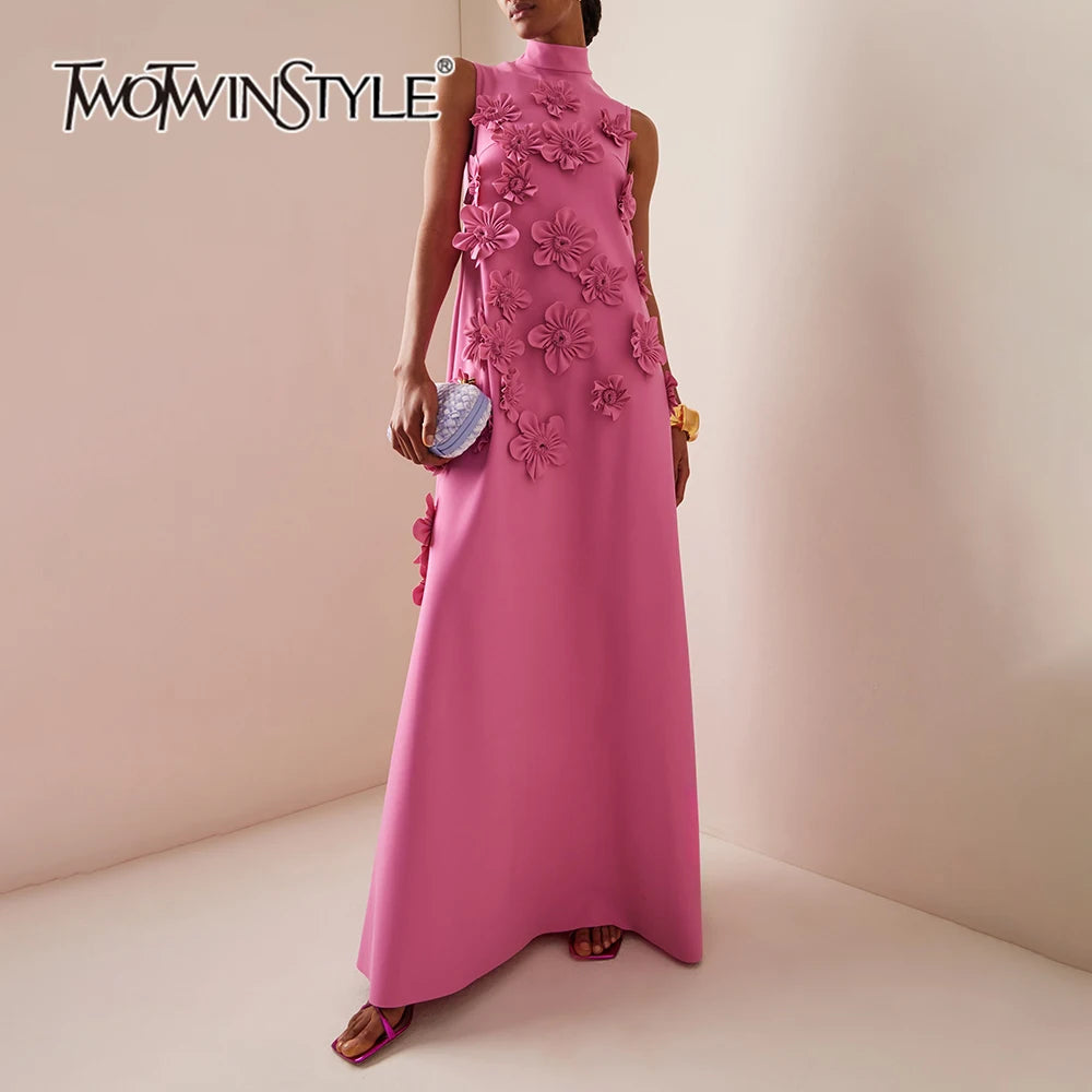 Patchwork Lace Up A Line Dress For Women Stand Collar Sleeveless High Waist Spliced Appliques Slim Dresses Female