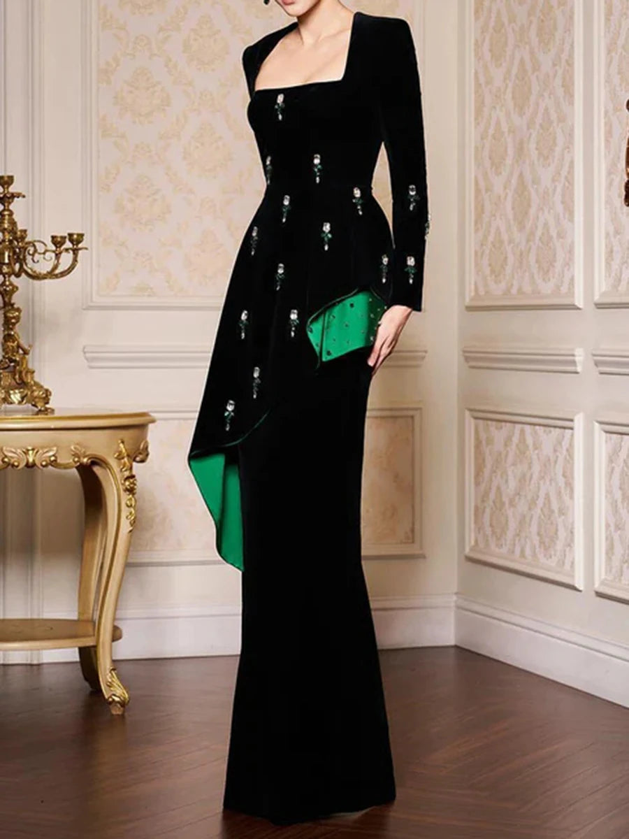 Colorblock Spliced Bead Luxurious Two Piece Sets for Women Square Neck Long Sleeves Top High Waist Skirt Set Female