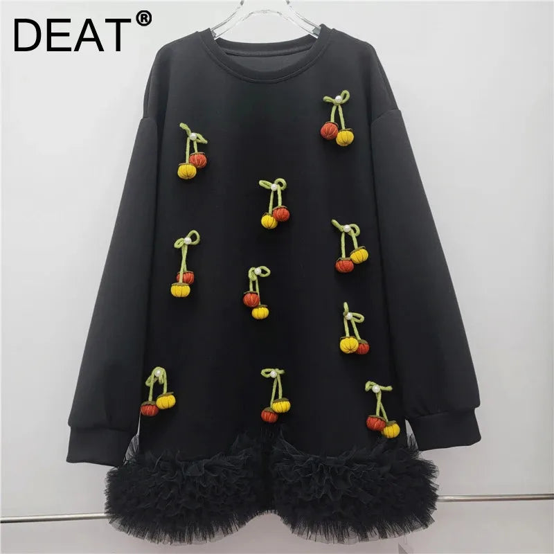 Autumn New Versatile Elegant Three-Dimensional Decorative Patchwork Puffy Mesh Long Sleeve Hoodie For Women 11A07702