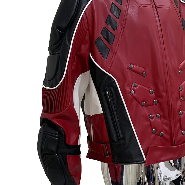 Mauroicardi Autumn Winter Cool Short Patchwork Pu Leather Racer Jacket Men Shoulder Pads Rivet Runway European Fashion Clothes