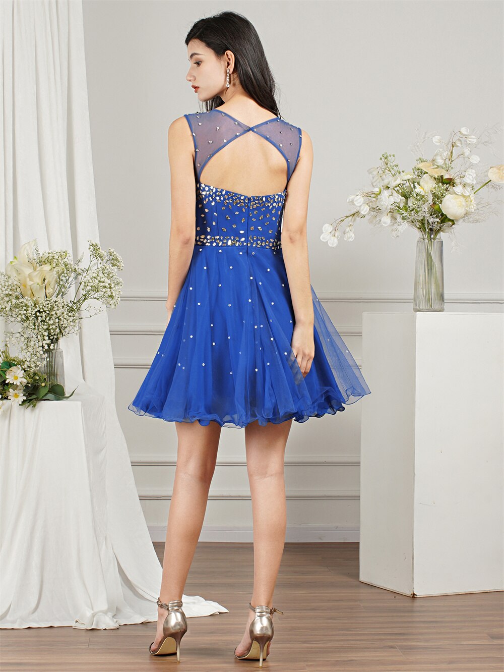 Robe de soirée courte bleu Royal pour Juniors, en Tulle à perles, col rond, dos nu, ligne A, Mini robe de bal pour femmes