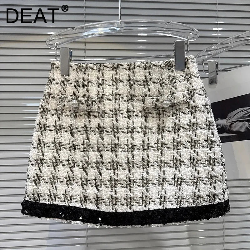 Winter New Fashion Style Sequin Edge Plaid Tweed Short Skirt For Women High Waist Wrapped Hip A-line Skirts 11A07804