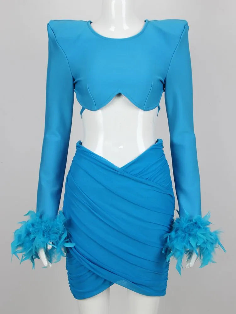 Summer Women'S Sky Blue White Sexy Two-Piece Skirt Feather Pleated Top Pencil Skirt Celebrity Party Bandage Set