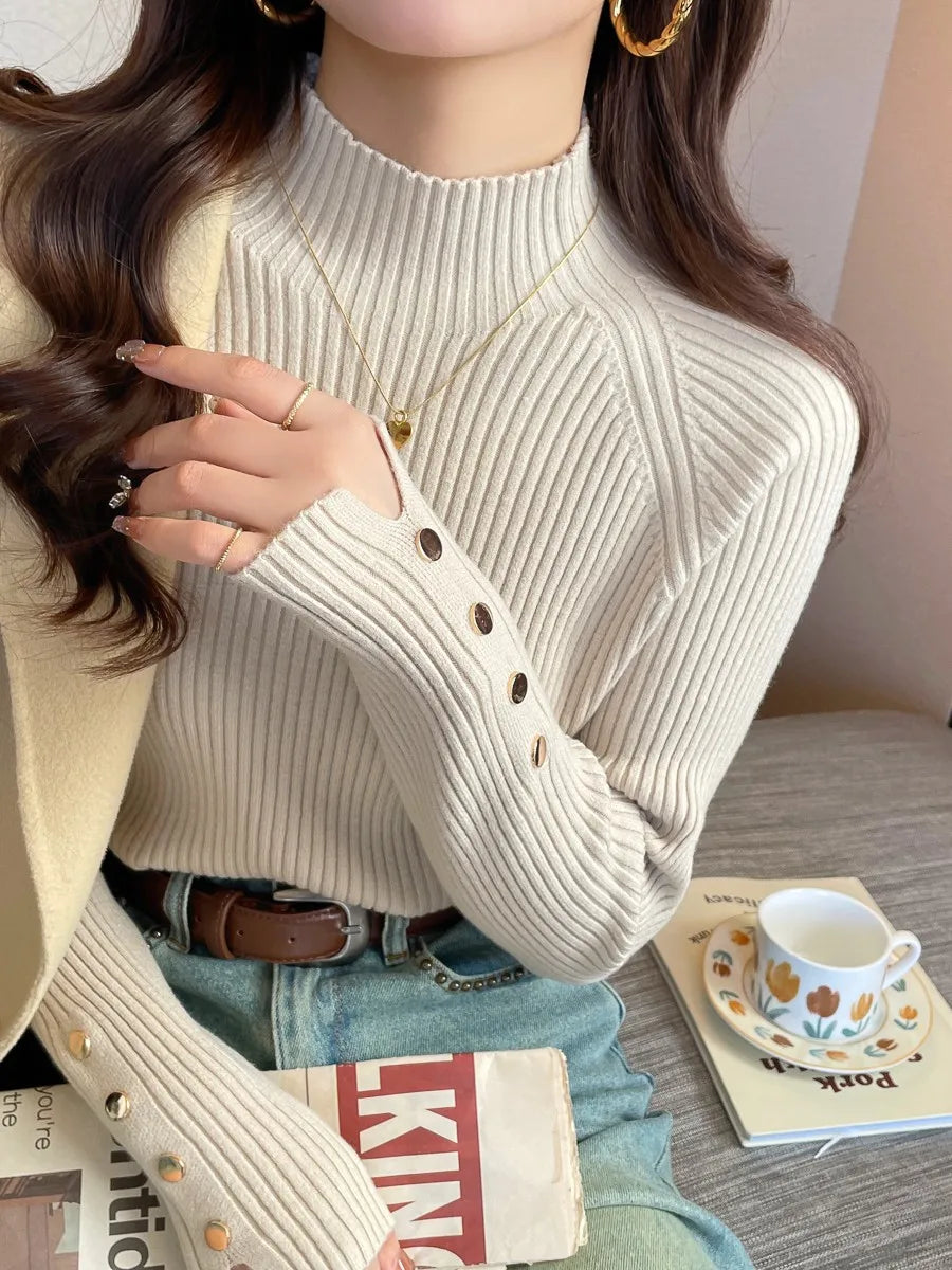 Autumn Winter Sweater Women Pullovers Long Sleeve Tops Clothes Slim Knit Soft Jumper Streetwear Button Turtleneck Sweater light khaki One Size