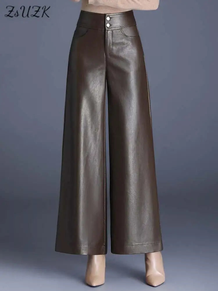 ZUZK Women PU Leather Wed Leg Pants Autumn Winter Fashion Warm Long Leather Pants Elegant LeatherTrousers