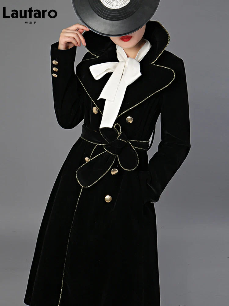 Spring Autumn Long Black Velvet Trench Coat for Women with Gold Trim Sashes Double Breasted Luxury Designer Fashion 2022