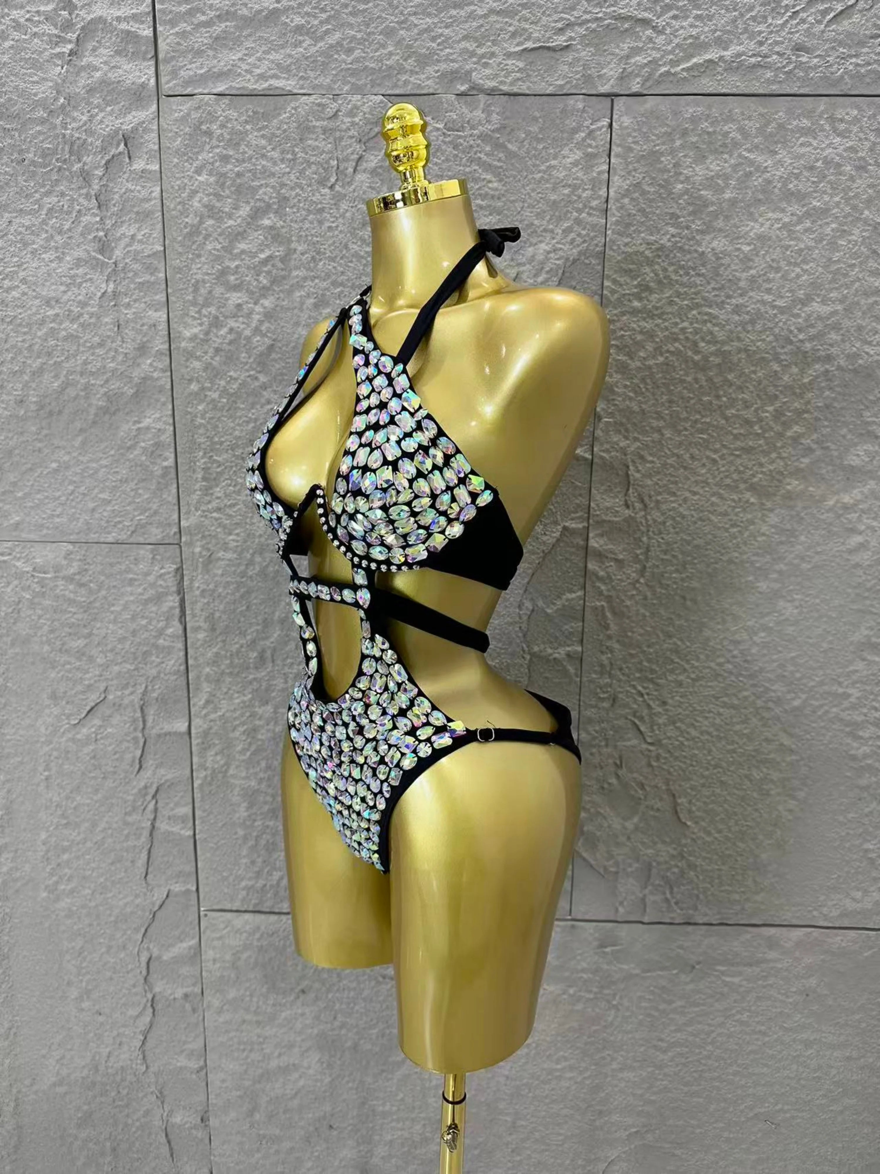 Women Sexy 2026 Luxurious Black Bodysuit Halter Neck Iridescent Crystal Embellished Cutout Outfit Stage Performance Costume