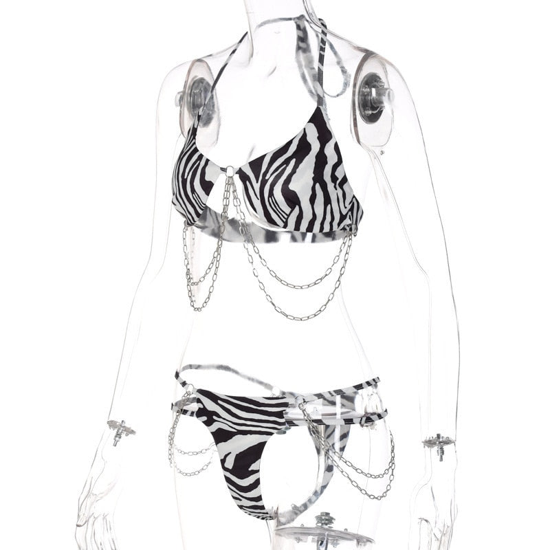 Zebra Stripe Halter Chain Tie Side Bikini Swimsuit