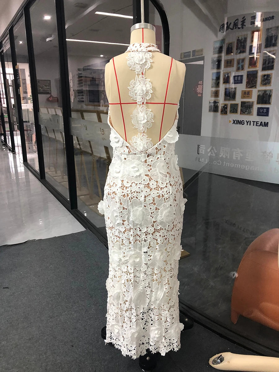 Solid Slimming Hollow Out Dresses for Women Halter Neck Sleeveless Patchwork Appliques Elegant Dress Female Fashion