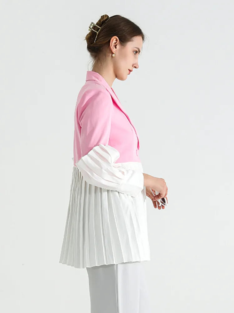 DEAT Fashion Women's Blazer Notched Collar Single Button Spliced Pleate Contrast Colors Suit Jackets Spring New Tide 7AB008