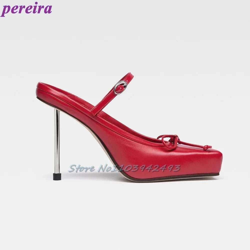 Butterfly-Knot Metal Heeled Sandals Red Square Toe Solid Color Mules Summer Pull On Slip On Slides Black Luxury Ladies Shoes