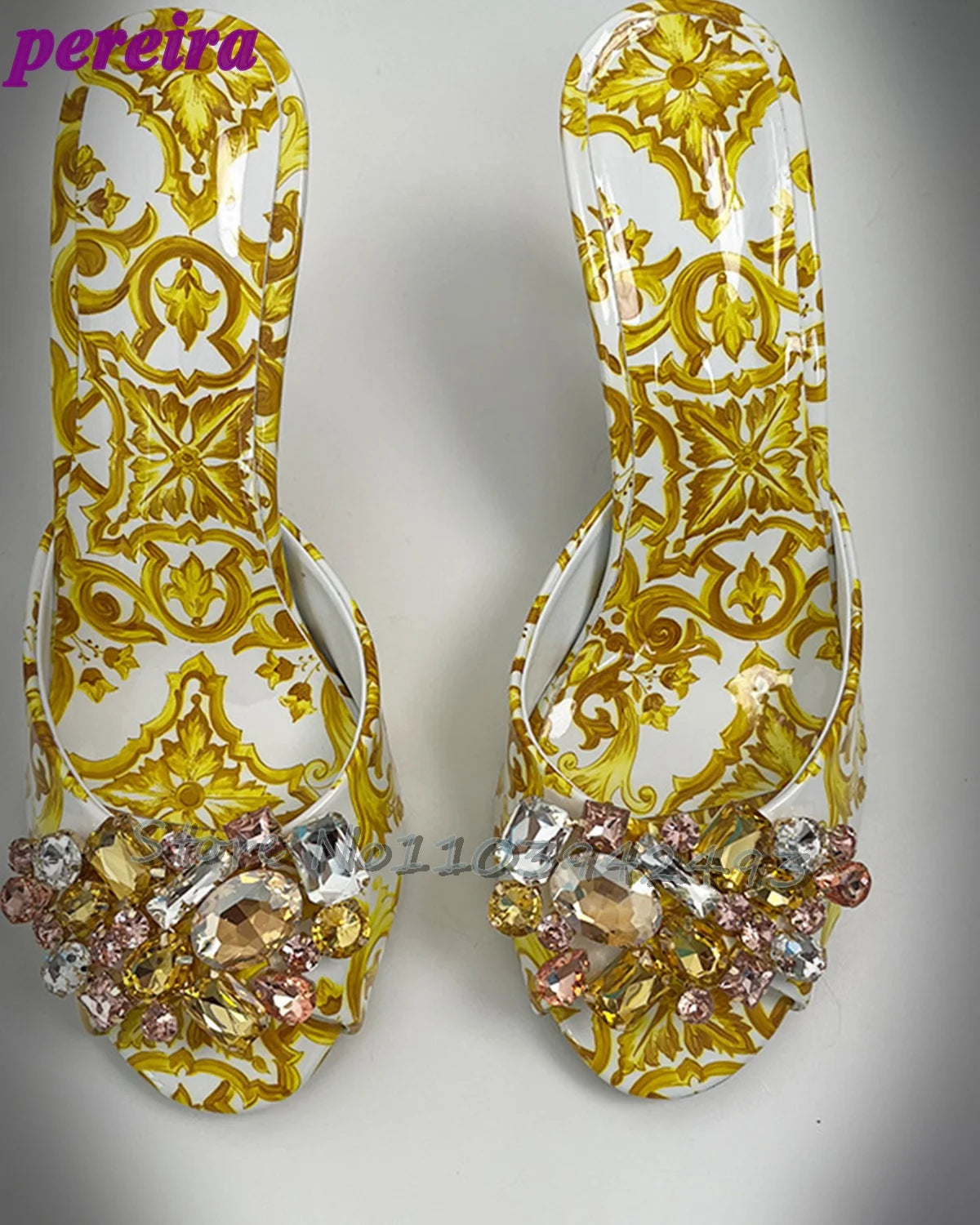 Elegant Summer Women's High Heel Baroque Print Jeweled Slides Sandals Baroque Fashion Crystal Embellished Open Back Shoes 2025 golden 8cm