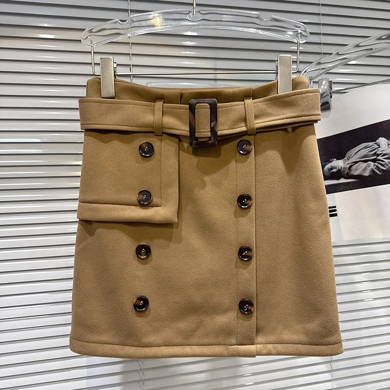 Winter New Fashion Style Double-Breasted Belted Woolen Short Skirt For Woomen Wrapped Hip A-line Skirts 11A07803 Dark Brown