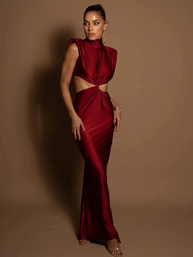 Mozision Hollow Out Turtleneck Sexy Maxi Dress For Women Fashion Solid Sleeveless Bodycon Tank Dresses Femme Club Party Dress Burgundy