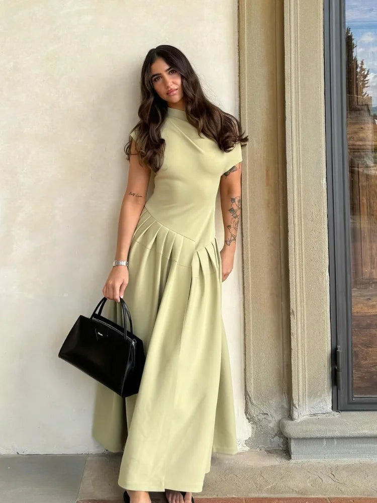 Chic Off Shoulder Irregular Neck Women's Dress Elegant High Waist A-line Hem Pleated Midi Dresses New Summer Lady Commuting Robe green
