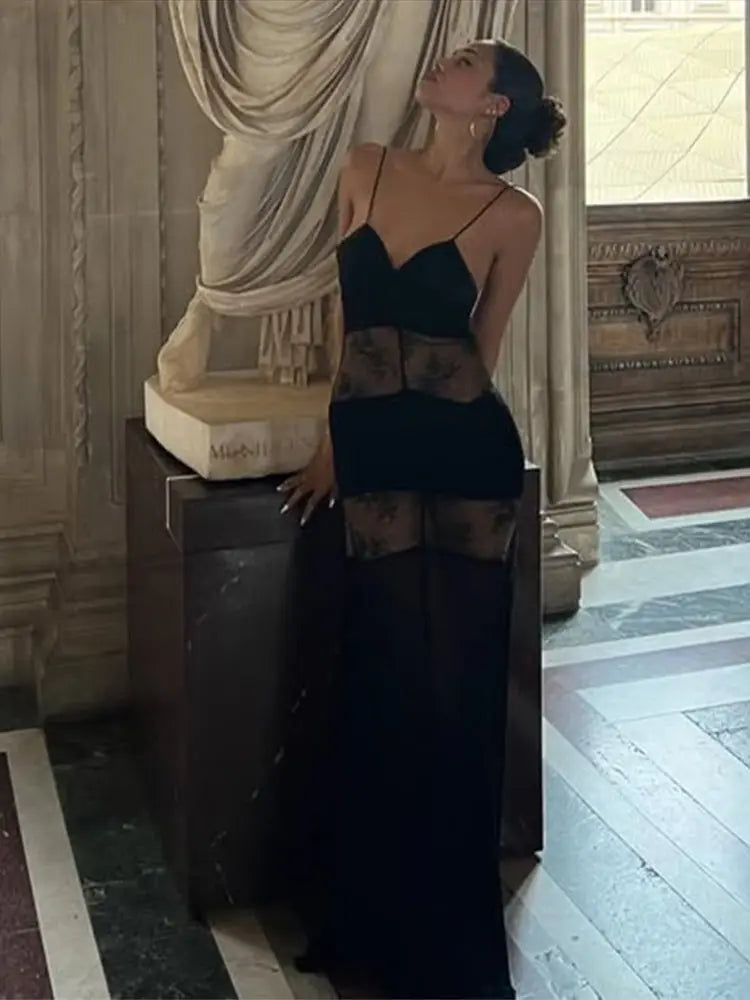 Lace See Through Sling Maxi Dress Women Sexy Slim Black Backless Sleeveless Long Dresses Female Summer Chic Party Evening Robes