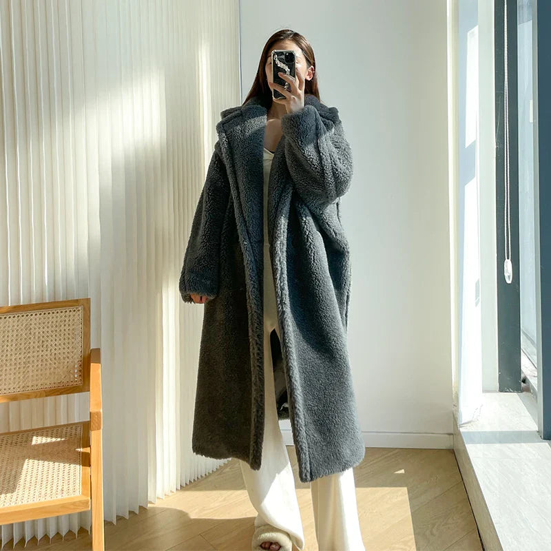 Teddy teddy bear coat women's autumn and winter fur grain camel wool coat alpaca wool med-long woolcoat gray