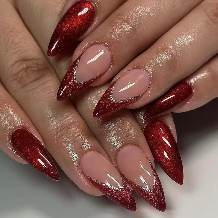 24Pcs French Retro Red Nail Art Full Cover Irregular Gilded Minimalism Press on Fake Nails Detachable Mid-length Almond Manicure 3