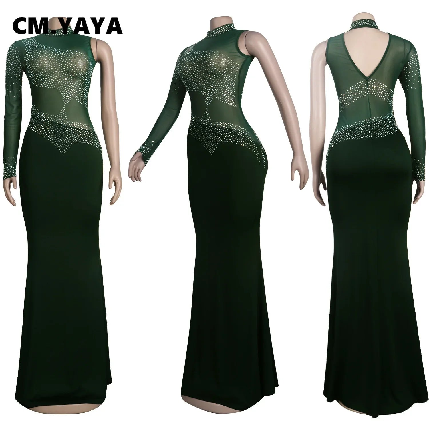 Women Diamonds Hot Rhinestones Bodycon Midi Maxi Mermaid Dress Elegant Sexy Party Club One Long Sleeve Long Dresses