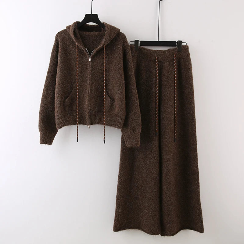 Autumn Winter New Fashion Casual Suit For Women Hooded Sweatshirt Knitted Sweater Coat Wide-Leg Long Pants 11A07839 Coffee One Size