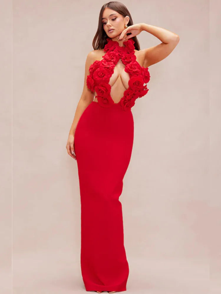 Women Celebrity Sexy Halter Key Hole Backless Red Flower Maxi Long Bandage Bodycon Dress 2025 Elegant Evening Club Party Outfit black