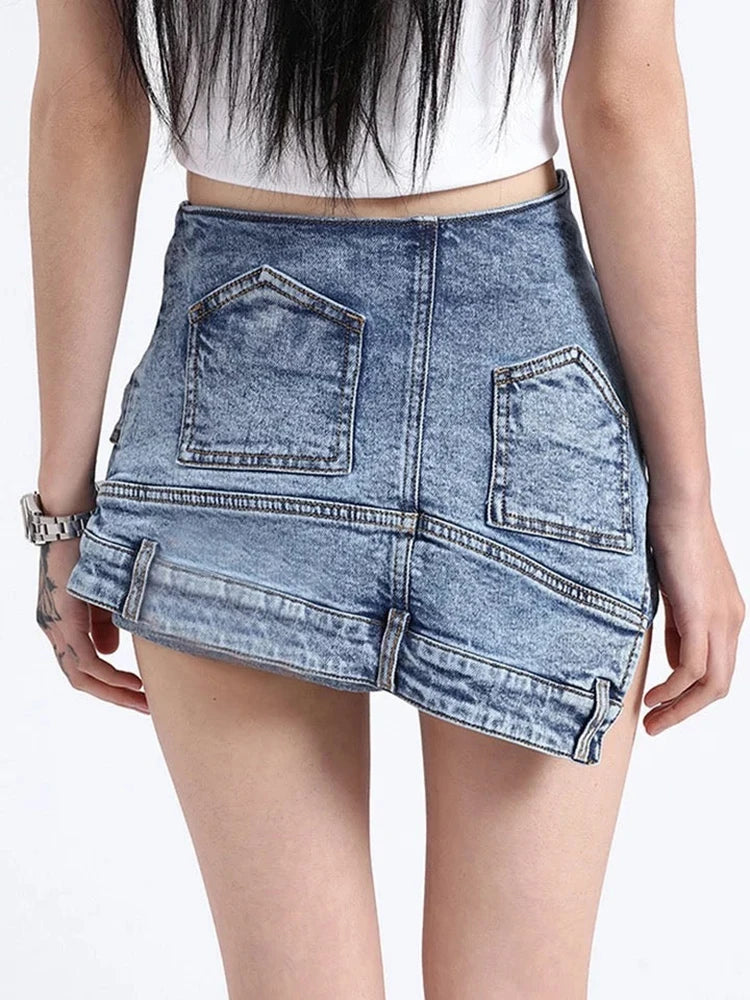 Patchwork Pocket Irregular Chic Denim Shorts For Women High Waist Spliced Zipper Designer Short Pants Female New