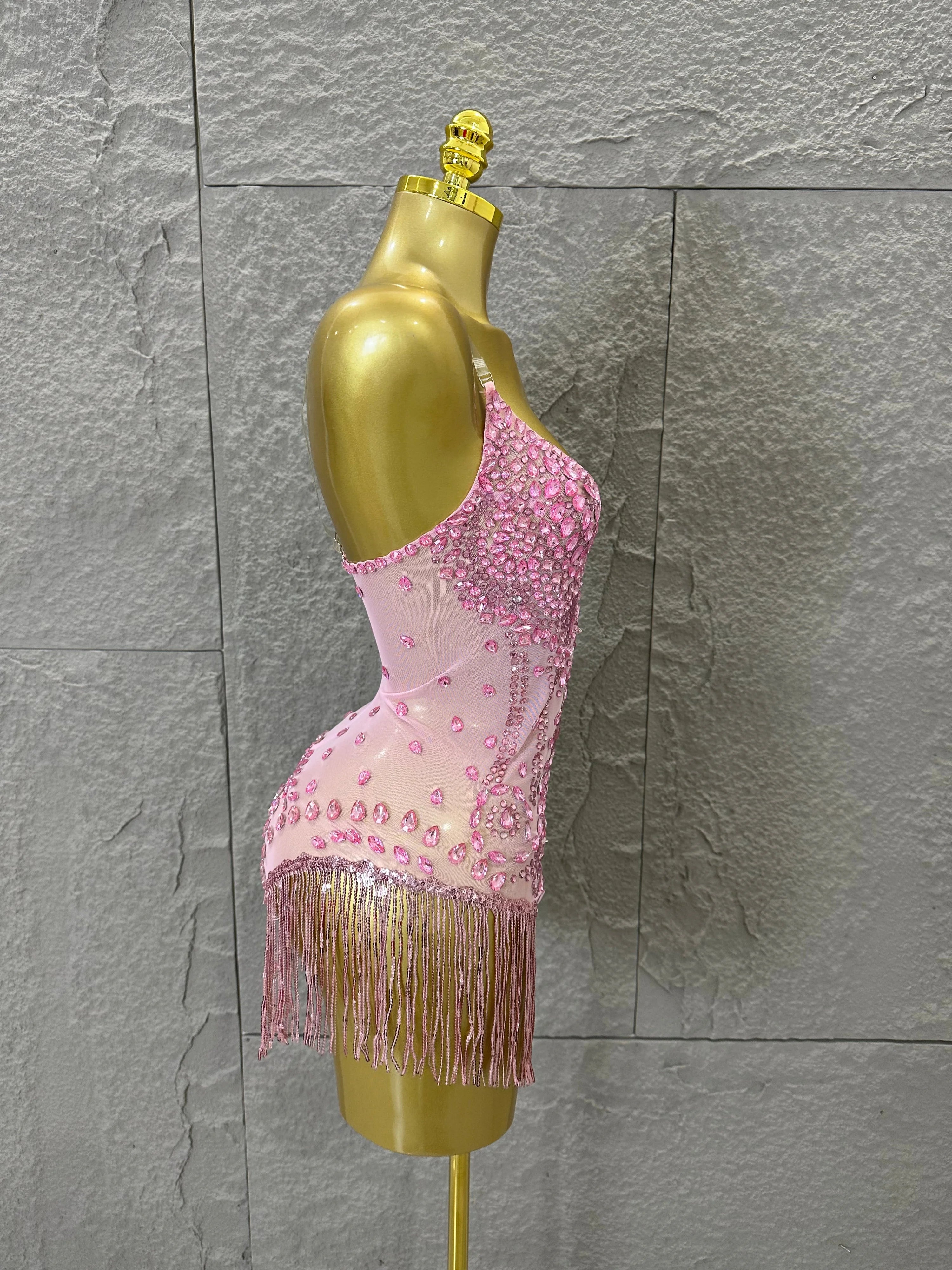 Pink Spaghetti Strap Bodysuit Women Sexy Deep V Neck Sheer Mesh Crystal Embellished Fringe Form-Fitting Formal Event Outfit