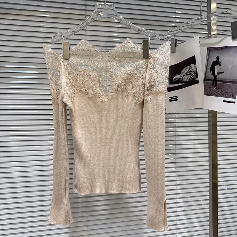 Winter New Fashion Lace Collar Off-Shoulder Knitted Sweater For Women Versatile Slim Fit Pullover Female 11A07773