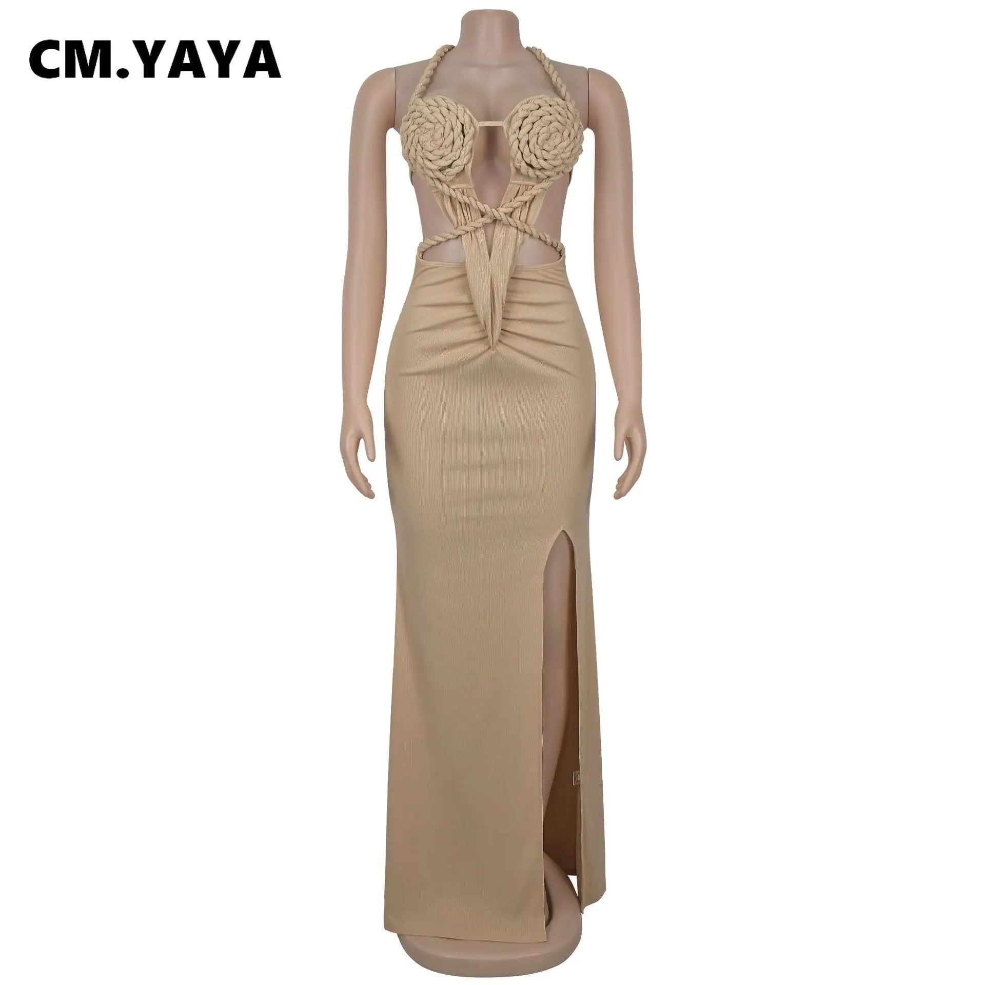 Women Hemp Rope Halter Neck Stacked Ruched High Split Knit Bodycon Midi Maxi Long Dress 2025 Birthday Sexy Party Dresses