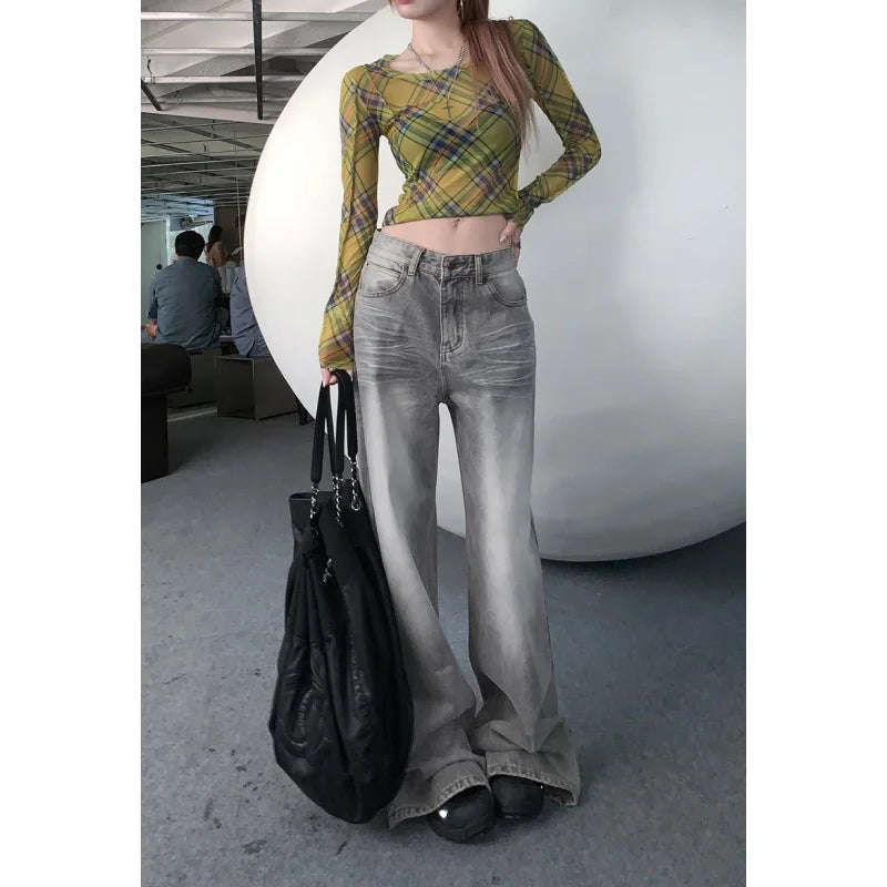Grey Womens Jeans High Waist Straight Baggy Denim Pants American Korean Fashion Y2K Gradient Female Wide Leg Denim Trouser
