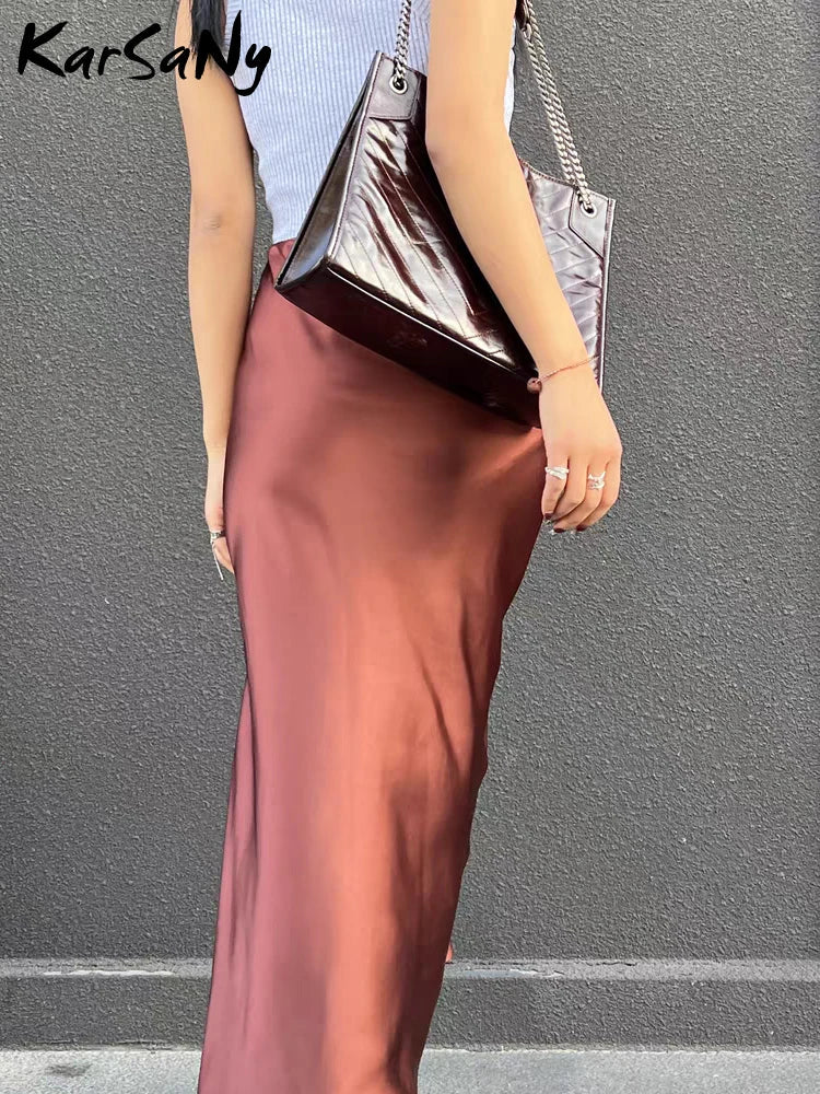 Silk Satin Skirts for Women Summer Casual Style A-line Solid Color Elastic High Waist Side Slit Champagne Skirt