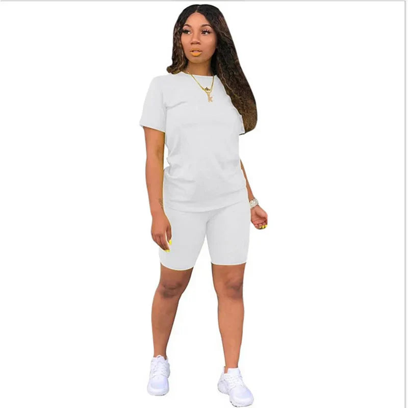 Women Sets Summer Outfit Sportswear Two Piece O-Neck Short Sleeve Tee Gym Tracksuit Jogging Tshirts Casual Style White