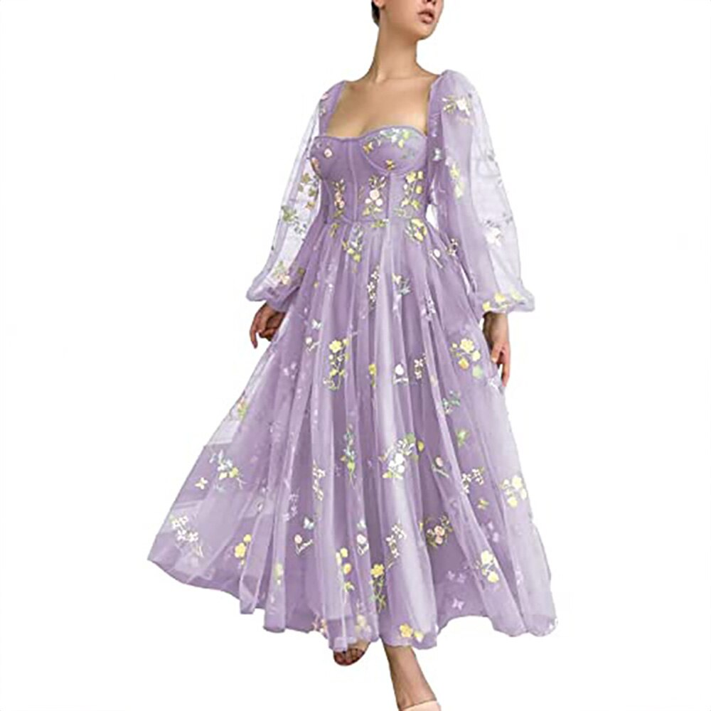 Robes de soirée élégantes, col carré, magnifiques manches bouffantes, robes de soirée à lacets