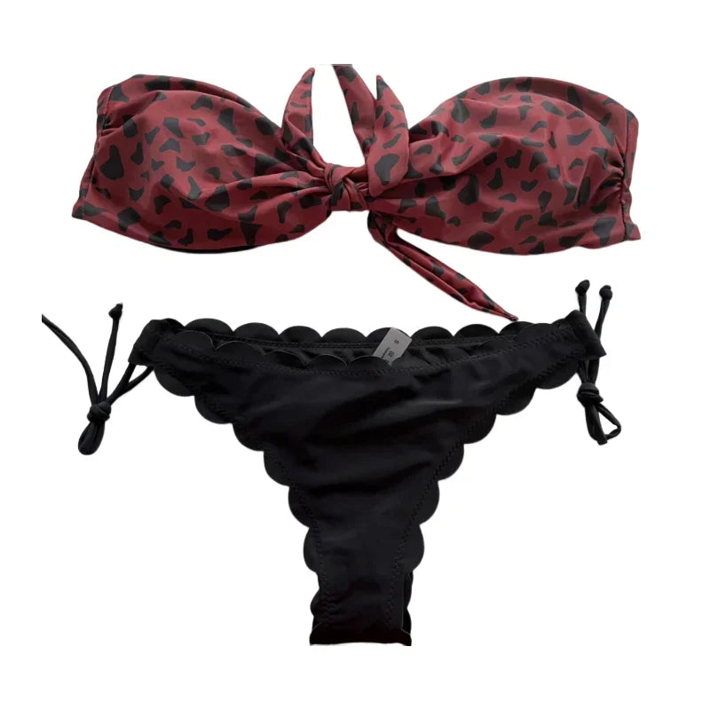 Beach Bikini Woman Sexy Front Lace Up Tie Strapless Leopard Swimsuit Female Push Up Ruffled Bow Bathing Suit Thong Swimwear
