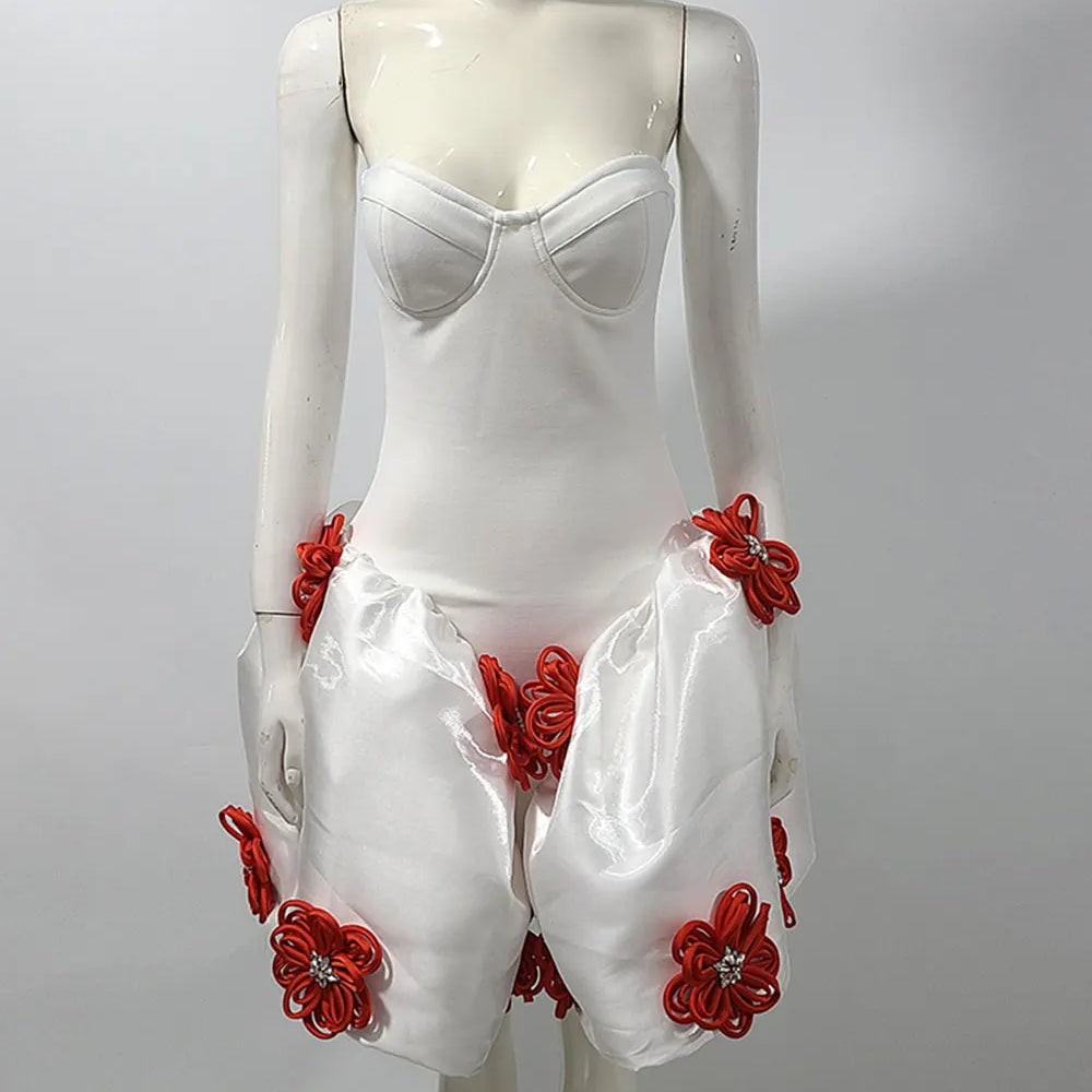 2024 Sexy Women's 3D Flower Decorative Puff Dress Strapless Sleeveless Backless A-line Mini Dress Cocktail Evening Party Vestido WHITE