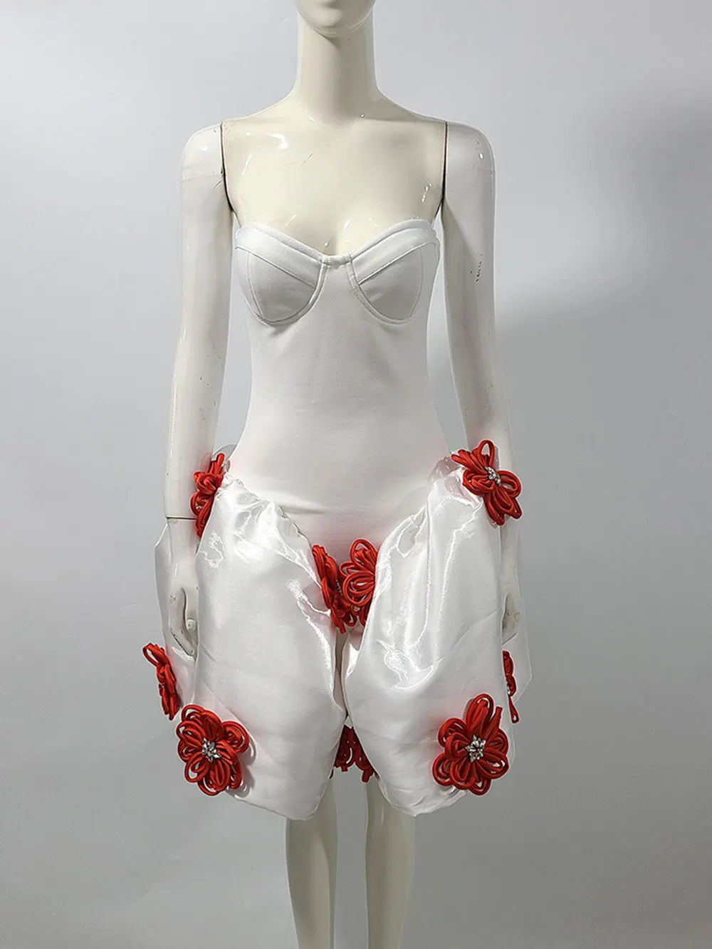 2024 Sexy Women's 3D Flower Decorative Puff Dress Strapless Sleeveless Backless A-line Mini Dress Cocktail Evening Party Vestido WHITE