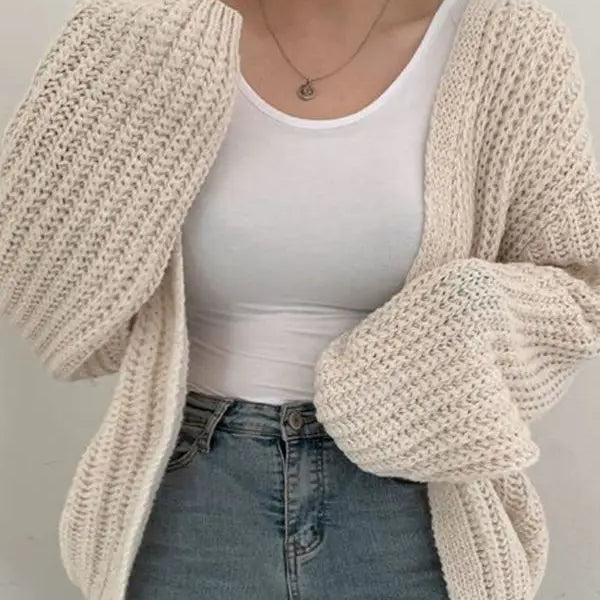 Women Cardigan Sweater Coat Casual Loose Knitted Solid Coat Autumn Winter For Women Lantern Sleeve Sweet Overcoat APRICOT One Size
