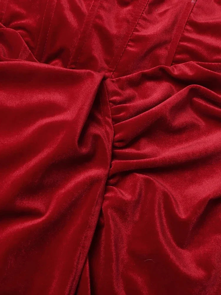 Solid Patchwork Folds Elegant Dresses For Women Square Collar Long Sleeve High Waist Split Slimming Dress Female