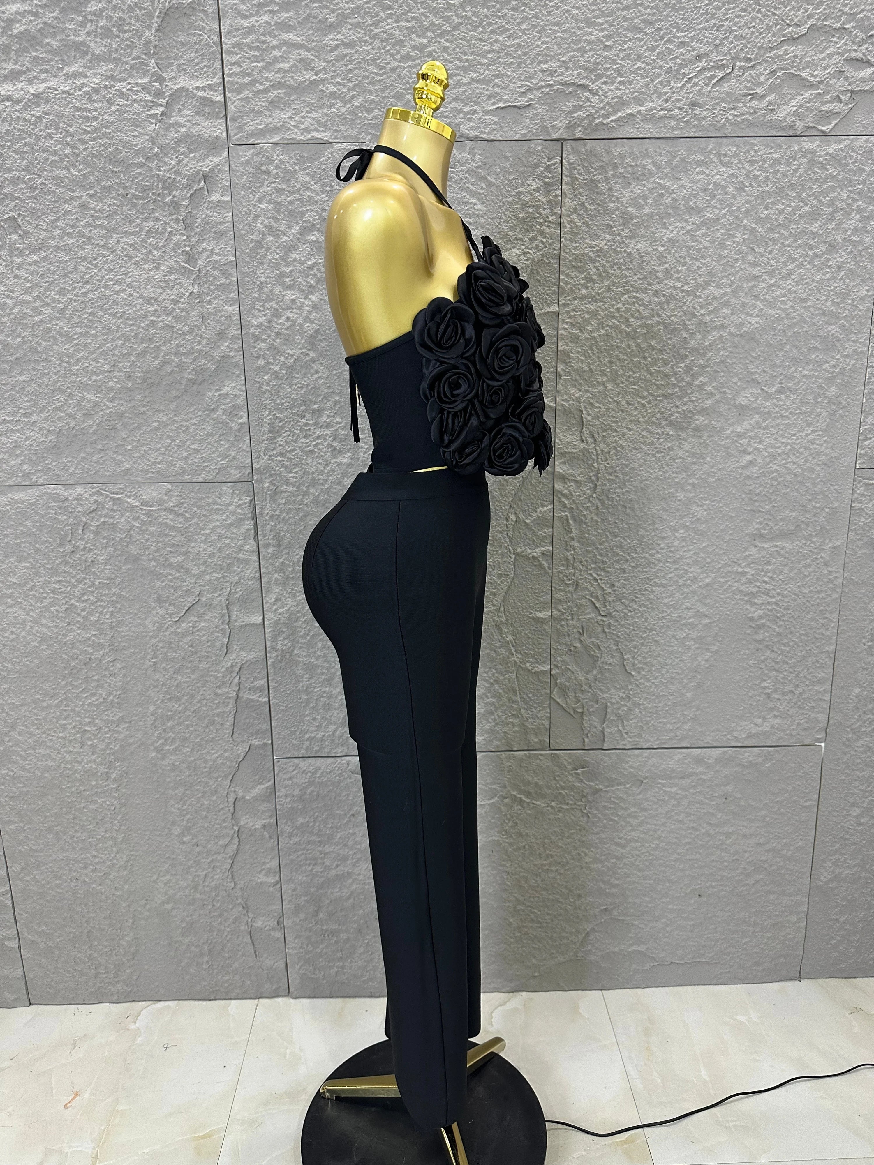 Elegant Two Piece Set Women Halter 3D Flower Crop Top High Waist Flare Pants Bandage Suit Party Casual Formal Wear