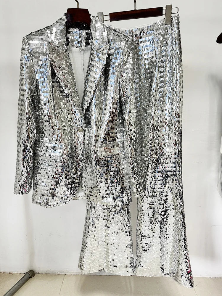 New Spring Shinning Sequined Women Long Sleeve Single Button Tops Floor-Length Pants Set Celebrate Evening Party Women's Set