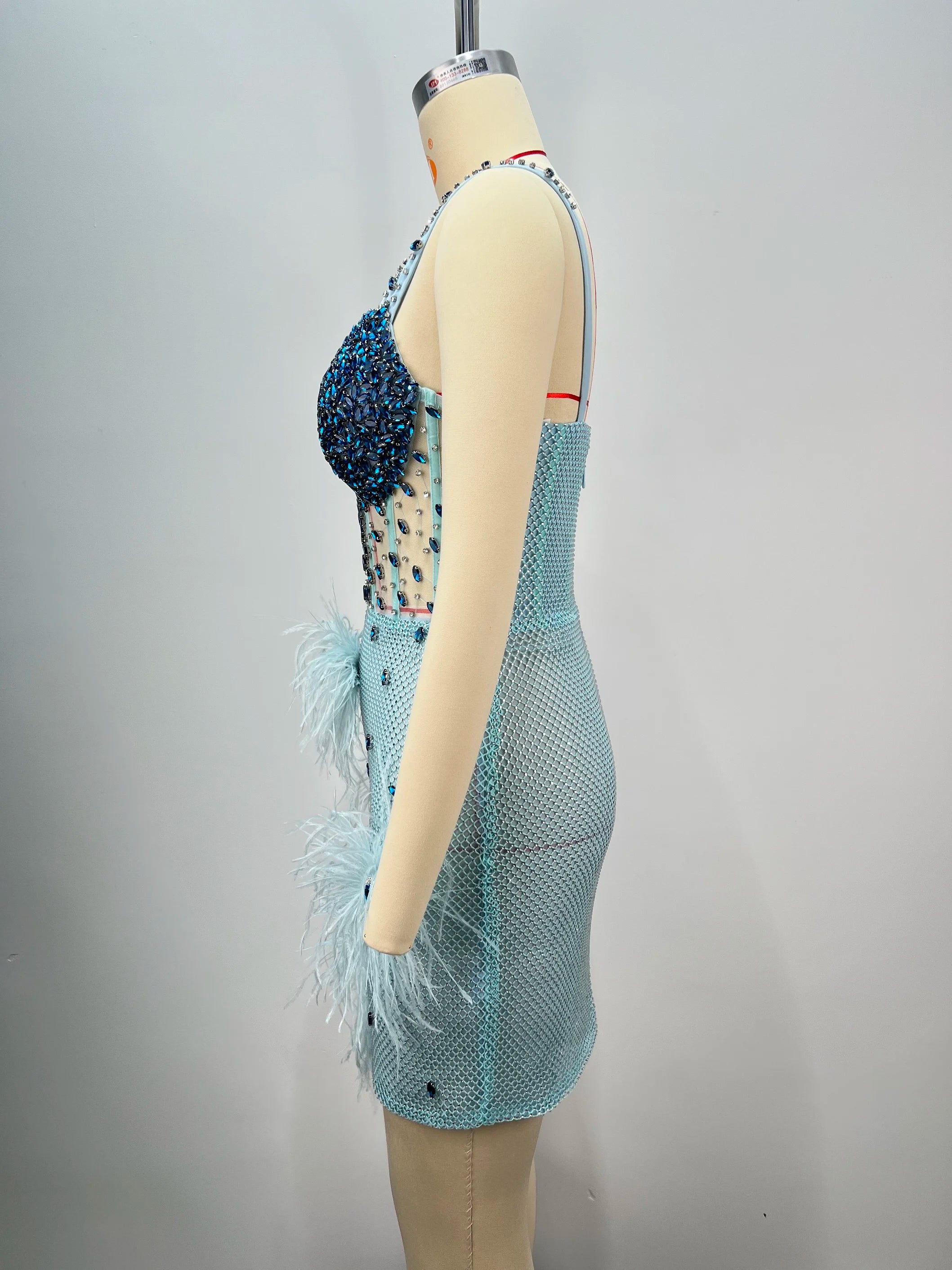 Luxury Feather Dazzling Diamonds Sexy Mesh See Through Light Blue Mini Dress Celebrity Birthday Party Dress Performance Costume