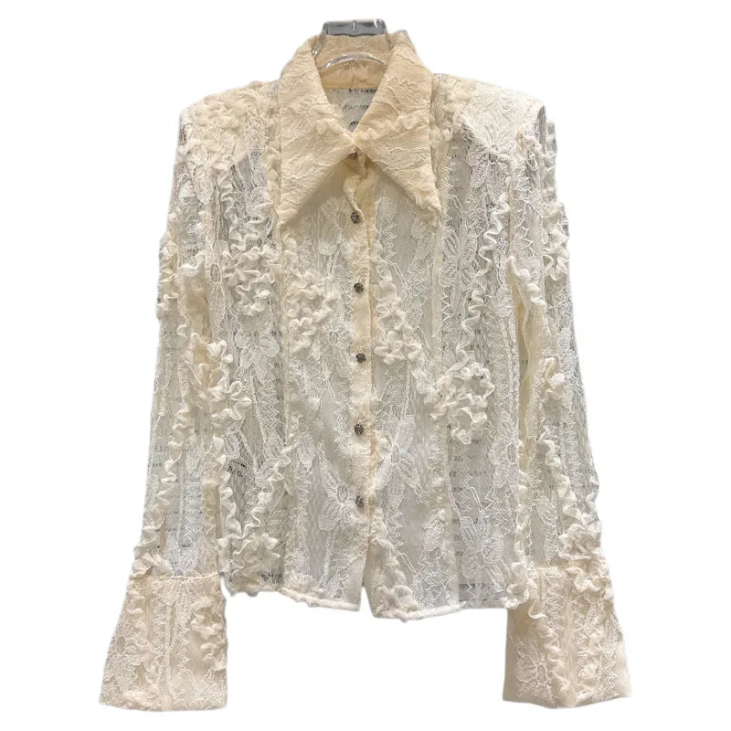 Winter New Fashion Pleated Lace Embroidery Shoulder Pad Long Sleeve Lapel Shirt For Women Blouse Female 11A07582